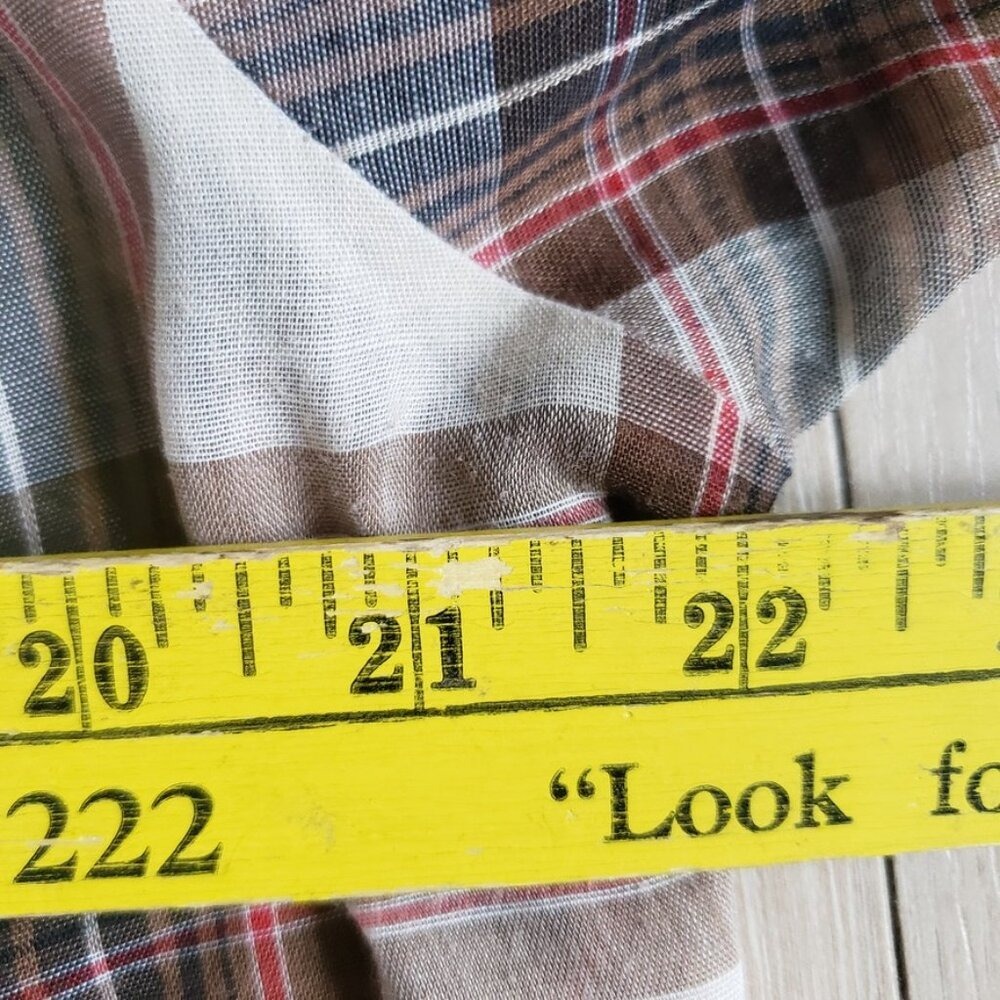 VTG H Bar C California Ranchwear Shirt Mens L Long Tail Tan Plaid Pearl Snap USA - Picture 6 of 7